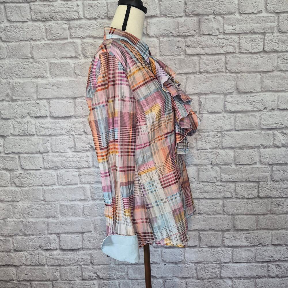 Georg Roth LA Rainbow Plaid Ruffle Front Cotton Blend Button Down Blouse Size M - Picture 5 of 10